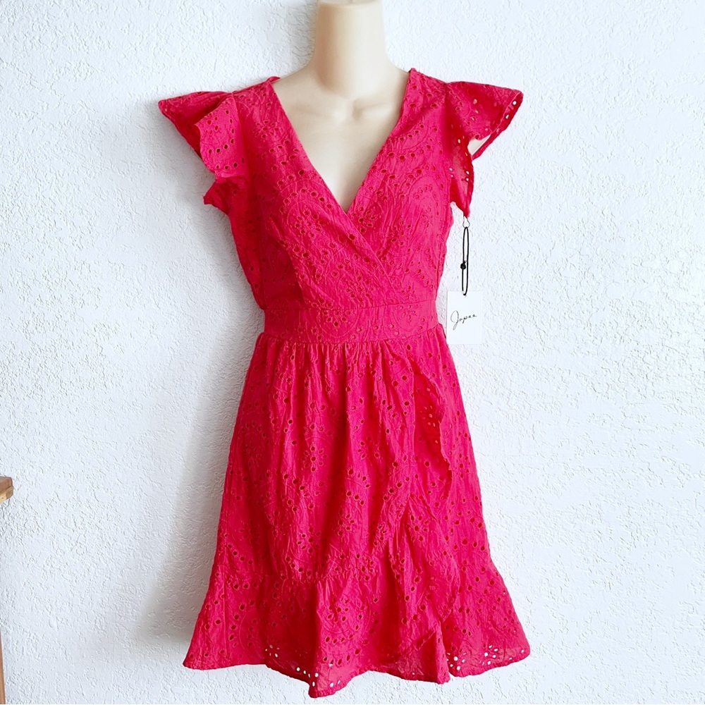 NEW Japra Hot Pink Eyelet Ruffle Splice Faux Wrap Knee Short Dress SMALL